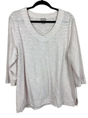 Chico's Pink&White Striped V-neck 3/4 Sleeves Lightweight Top Size 3 or XL